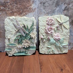Botanical Clay Flower Dragonfly Art Wall Sculpture Plaster Cream Tile